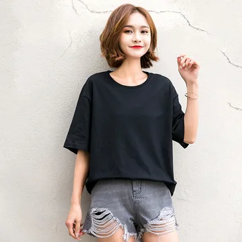

Summer ladies new solid color loose round neck short sleeve T-shirt