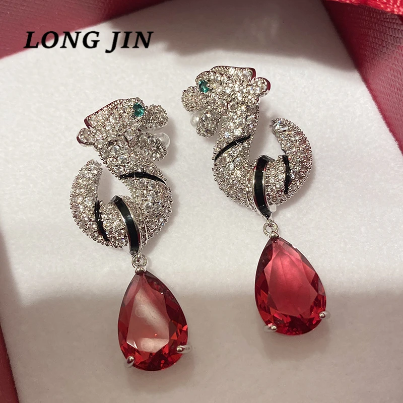 

Chinese Luxury Zircon Dragon Shape Silver Color Ladies Earrings High-End Temperament Personality Holiday Gift Earring kolczyki