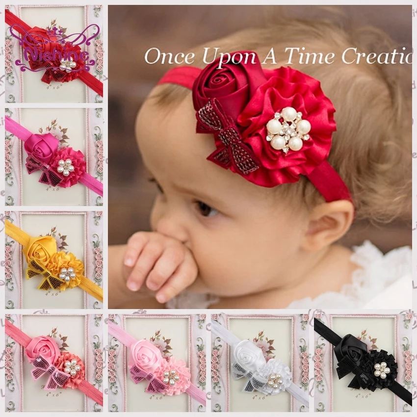 Nishine 1PCS New Baby Girls Flower Headband Rose Bow Pearl Elastic Kids