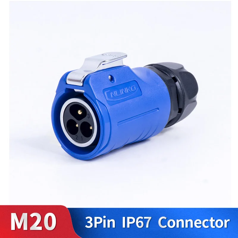 

M20 3 Pin Waterproof Connector Kit Blue Semi-metal Shell Male and Female Industrial Outdoor Lighting Cable Plug and Socket