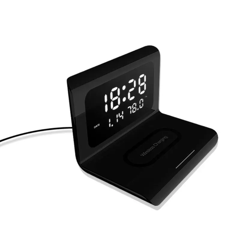 Electric Clock Perpetual Calendar Wireless Charger Desktop LED Digital Alarm Clock with 10W Wireless Mobile Phone Charging Pad 