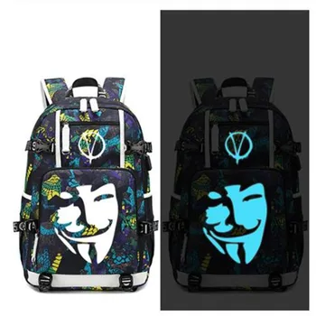 

V for Vendetta Backpack USB Port Rucksack Bag Snake Pattern Teenager Student School Bags travel Shoulder Laptop Bag Luminous