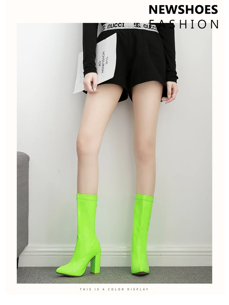 Women's Mid Calf Boots Leather Booties Round Toe Chunky Heel Zipper Female Shoes Luxury Designer Rubber High Heel Mid-Calf Ladi