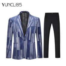 YUNCLOS 2019 New Design Men Suit Blue Slim Fit Business Casual Long Sleeve Men 2 Pcs Suits Flat Collar