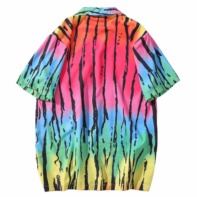 2020 Hip Hop Shirt Streetwear Men Hawaiian Shirt Tie Dye Rainbow Black Stripe Shirts Short Sleeve Harajuku Beach Shirt Summer