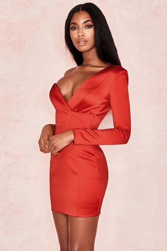 Высокое качество знаменитостей моды красный одно плечо Bodycon платье обтягивающее платье для вечеринки по случаю возвращения домой