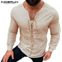 INCERUN Мужская футболка, винтажная, с v-образным вырезом, на шнуровке, однотонная, уличная, повседневная, ретро, дышащая, Camiseta, с длинными рукавами, Мужская футболка