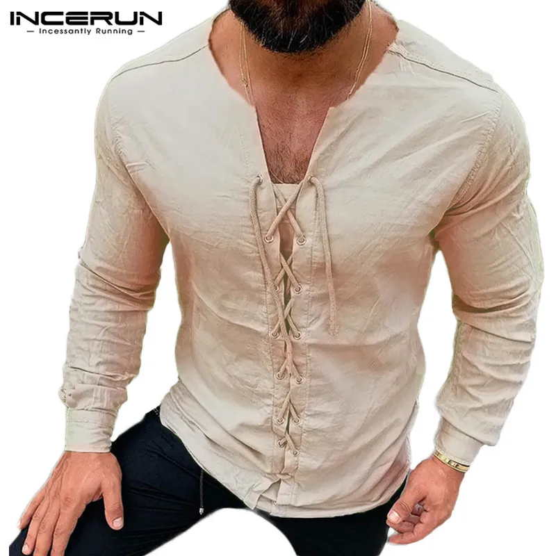 Beste Incerun Mannen T shirt Vintage V hals Lace Up Effen Kleur Streetwear Casual Retro Ademend Camiseta Lange Mouw T shirt Mannen S 5XL