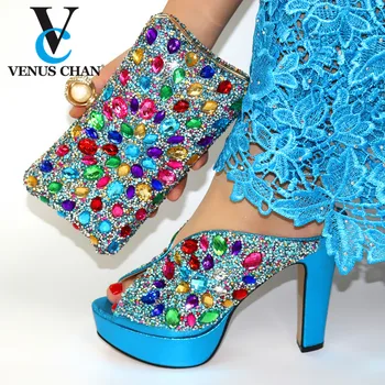 

2020 Decorated With Rhinestone Shoes And Bag Set African Design Matching Shoes And Bag Set High Heel Sandals in Sky Blue