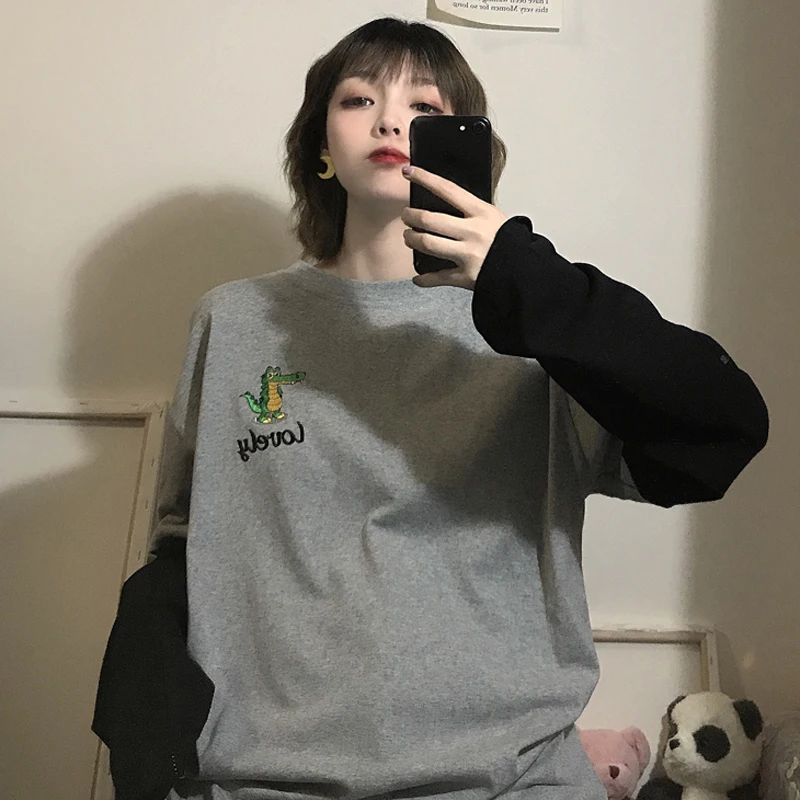 

3 Colors Mihoshop Ulzzang Korean Korea Women Fashion Clothing Harajuku Cartoon Print Hit Color Long Sleeve T shirt