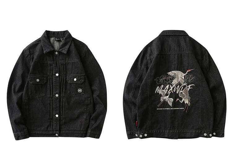 Crane Embroidered Denim Jacket Japanese Harajuku Men Hip Hop Jeans Jacket Streetwear Denim Bomber Jacket Black Blue Cotton