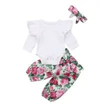 Г., милая одежда для маленьких девочек осенний хлопковый комплект из 3 предметов, боди с длинными рукавами и оборками штаны-шаровары с цветочным принтом головные уборы для детей от 0 до 24 месяцев