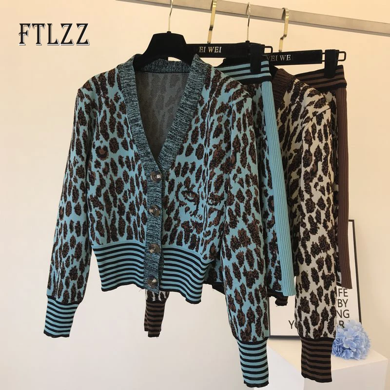 

Spring Autumn Knit Leopard Two Piece Set Women Fashion Street Single Breasted Short Cardigan Sweater + Wrap Skirt Suit Outfit