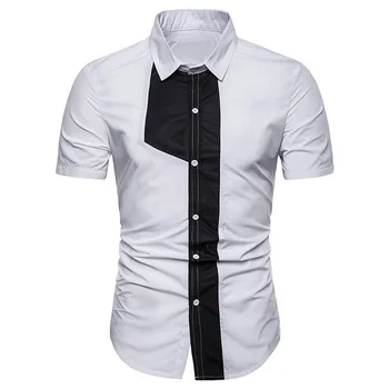 

Nice Pop Short Sleeve Summer Shirt Men Design Gentlemen Faux Tie Printed Shirt Patchwork White Black High Quality Slim Shirt