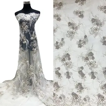 

2020 Luxury White Color Handwork Beads Mesh Lace Fabric With Feather French New Fashion Embroidered Flower Party Dress Net Tulle