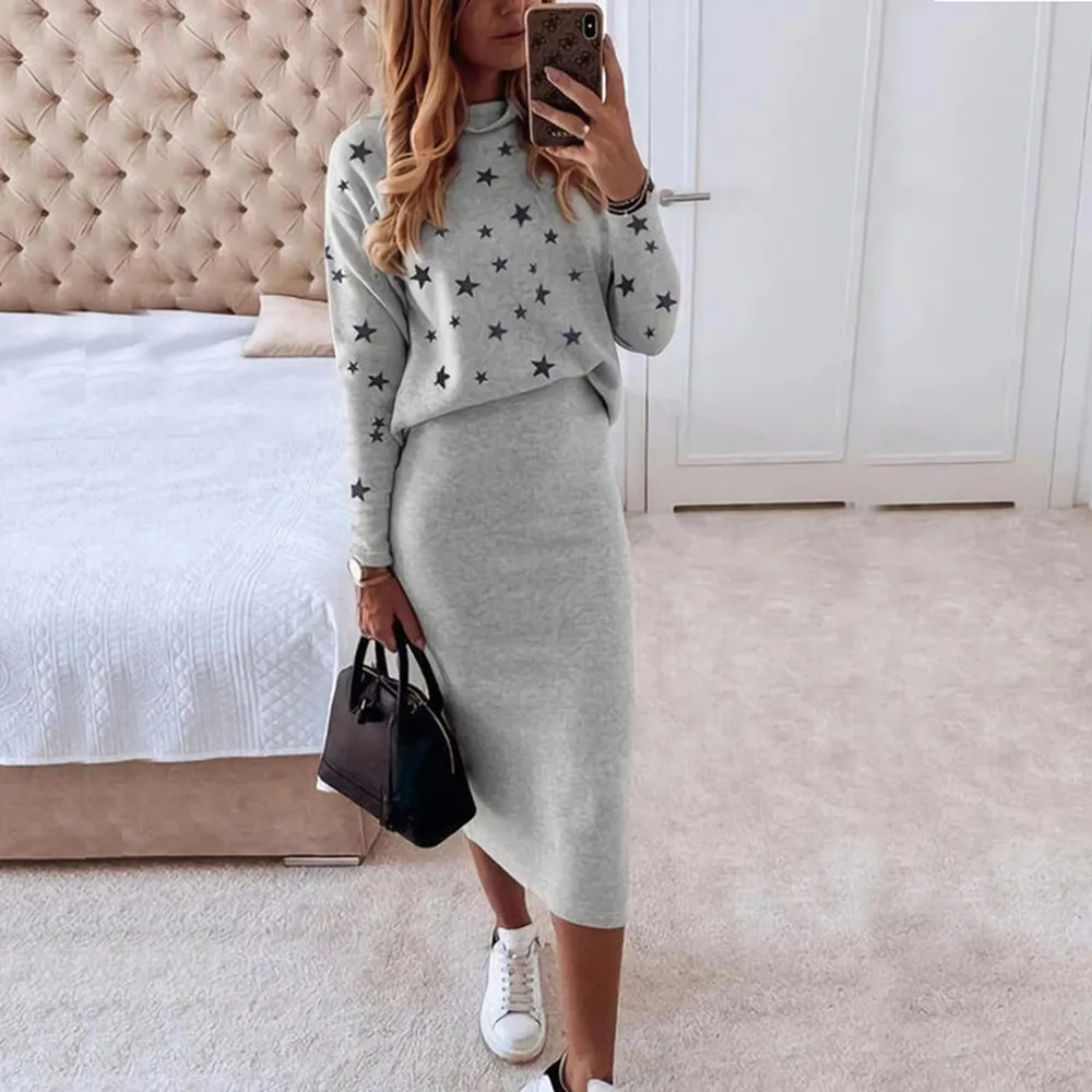 blue pant suit Women Winter Star Print Top Slim Solid Color Skirt Set Elegant Loose Casual Two Piece Set Office Ladies Tight Vestido Streetwear women's short suit set