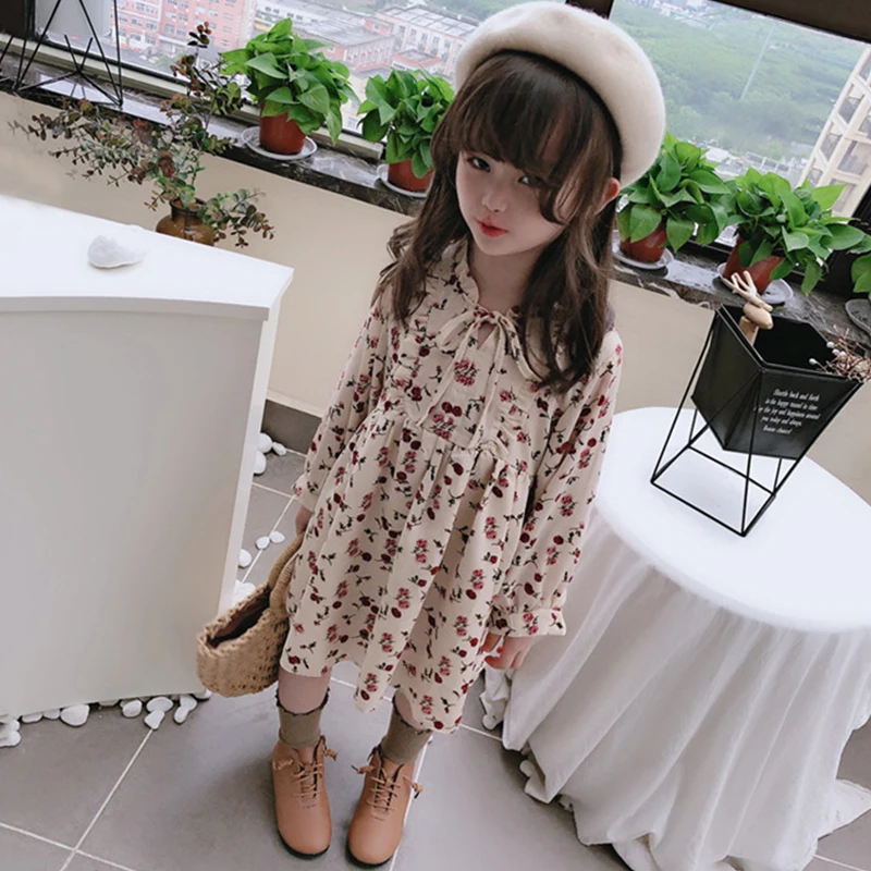 Autumn Girls Long Sleeve Chiffon Floral Princess Dresses Baby Children Fashion Round Neck Bow Cute Dress Toddler Clothing