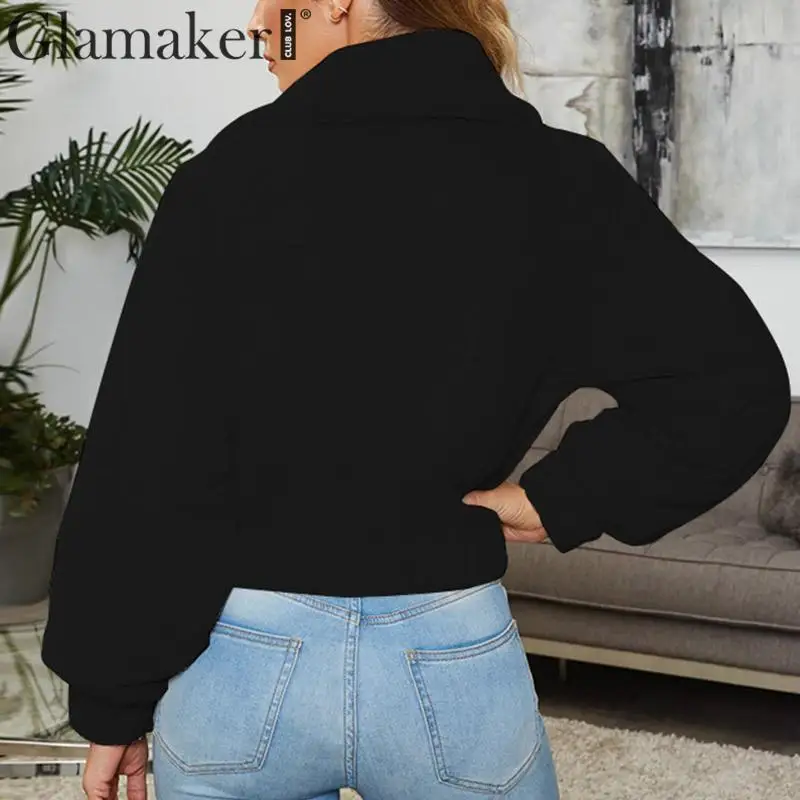 Glamaker Сексуальная короткая пушистая куртка элегантный отложной воротник на молнии Женская куртка из искусственного меха осень зима вечерние теплые женские куртки