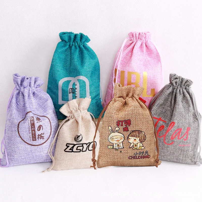 50pcs 9*12cm Customized personalized Logo Linen jute Drawstring bag Makeup Jewelry Package Cotton candy Gift Packaging Pouches