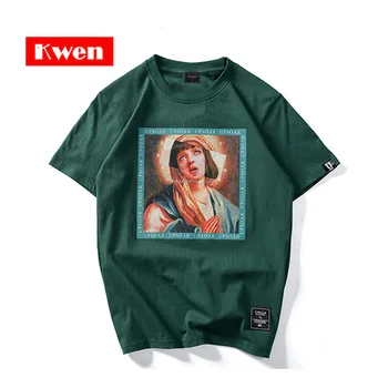 

2018 Cotton Streetwear Funny Virgin Mary Printed Short Sleeve T Shirt Men's T-Shirts Summer Hip Hop Casual Man