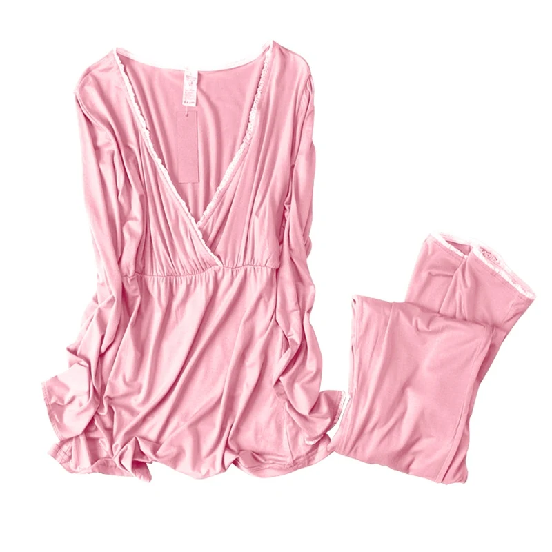 Pink Пижамы для беременных, кормящих, кружевные пижамы для беременных, кормящих грудью, ночная рубашка для беременных с подушечкой на груди, женская одежда для сна, комплект домашней одежды - Цвет: Pink
