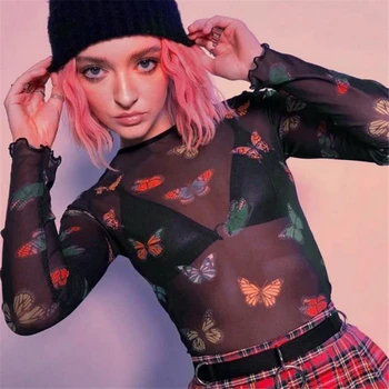 

Butterfly Print Women Sexy T-shirts Summer Mesh Sheer Sexy Tee Shirts Long Sleeve See Through Beach Clubwear High Street Tops