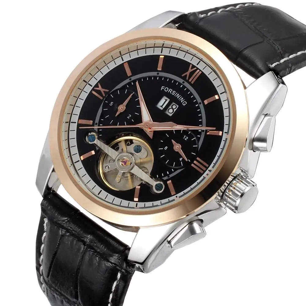 

FORSINING Men Mechanical Wrist Watch Leather Strap Tourbillion Sub-dial Calendar Dial Golden Bezel Top Brand Luxury Auto Watch