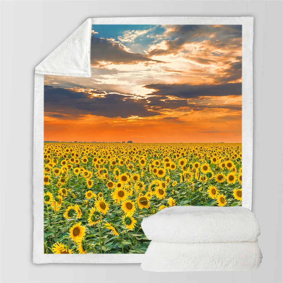 

Custom Blanket Throw Comfort Warm Soft Plush Throw For Sofa Natural Scenery Beautiful Sunflower Butterfly Blue Sky