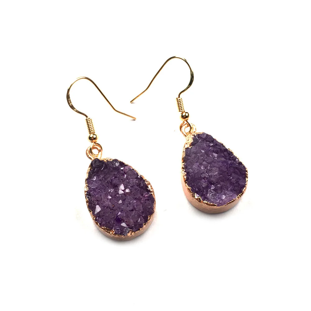 

2019 New Women Nature Stone Earrings Stud Jewelry purple Handmade long irregular shape crystal cluster Stone Earring