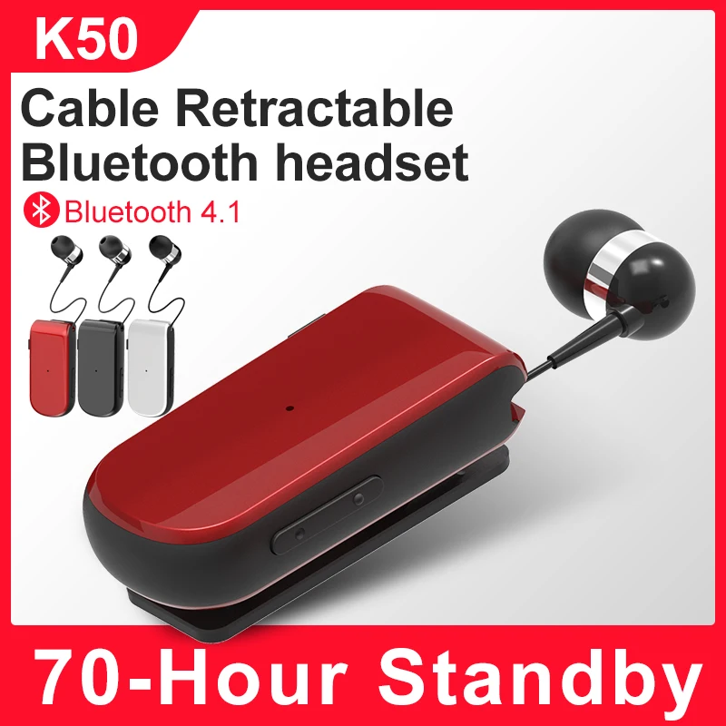 K50 Portable Business Fashion Wireless Bluetooth Earphone Headset In-Ear Calls Remind Vibration Wear Clip Retractable Earphones |