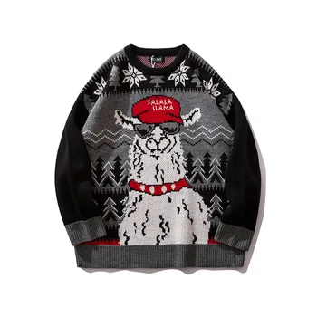 

#1521 Alpaca Pattern Hip Hop Sweater Men Long Sleeve Streetwear Pullover Unisex High Street Sweater For Men O Neck Knitwear Man