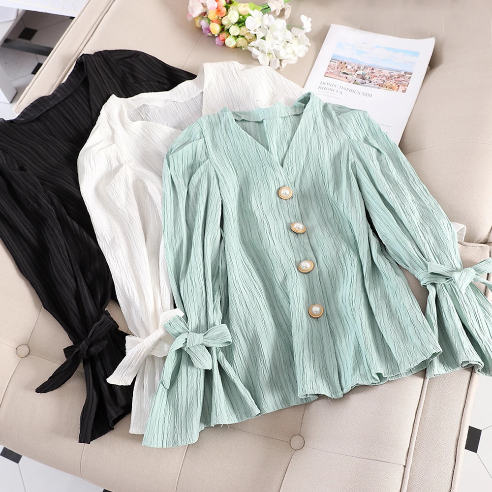 

MUMUZI Fashion Women Loose Long Sleeve Tops flare sleeve buttons Blouse Shirt Casual solid color Tops Shirts