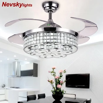 

Crystal ceiling fans for living room led retractable folding fan with remote control bedroom pendant fan with led lamp kitchen