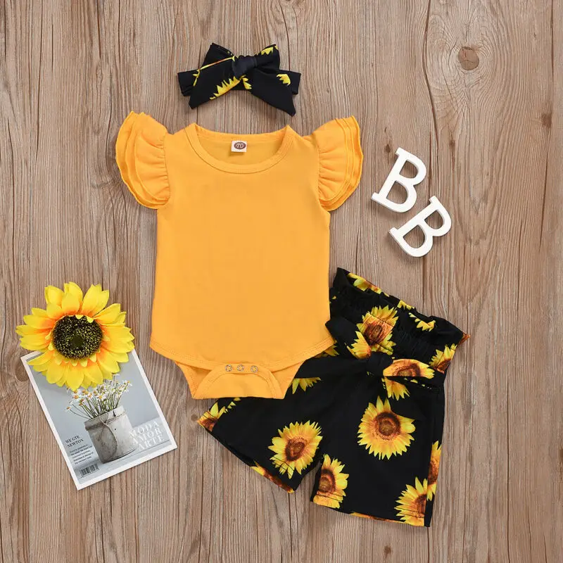 

2020 New Summer Toddler Baby Girls Flared Romper Yellow Tops Sunflower Print Trousers Shorts Overalls Skirt Outfit Set
