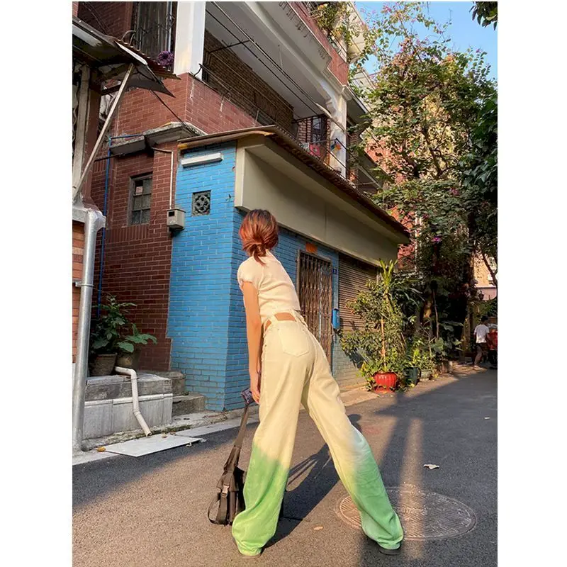 Women Wide-leg Pants Thin High-waist Gradient Female Trousers Straight-leg Sports Green Casual Street Skateboard Loose Trend