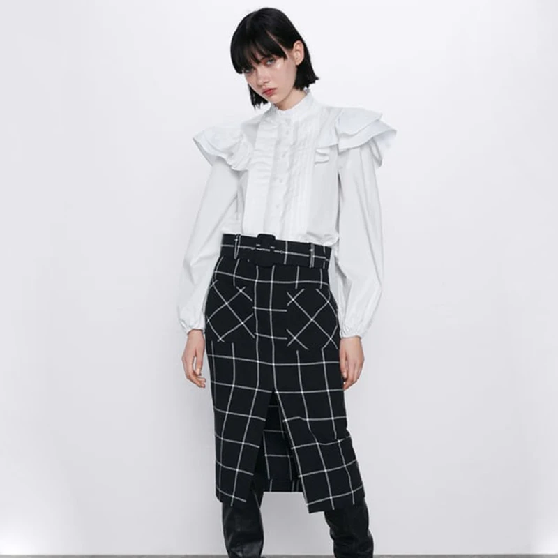 Ladyfirsy ZA повседневная юбка в клетку с высокой талией Женская зимняя Модная элегантная юбка-карандаш с поясом Женская одежда