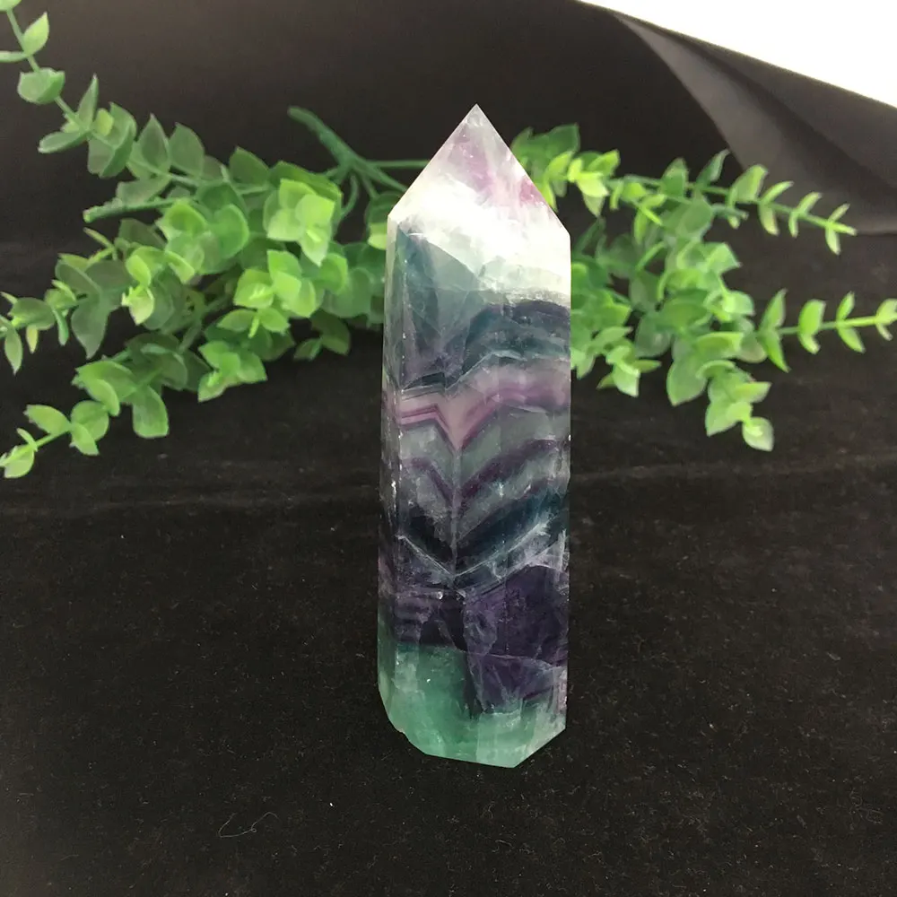 Natural Fluorite Crystal Colorful Striped Fluorite 4-6.5CM Quartz Crystal Stone Point Healing Hexagonal Wand Treatment Stone LP