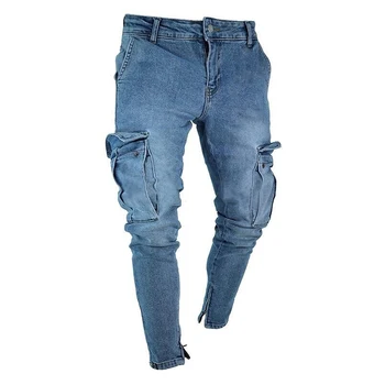

Men Fashion Hip Pop Casual Thigh Pockets Stretch Skinny Jeans Slim Fit Denim Zipper Feet Pants Trousers Light Blue L