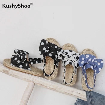 

KushyShoo 2020 Summer New Sweet Girls Polka Dot Bow Slipper Pastoral Style Weaving Girl's Sandals Princess Shoes Kids Sandals