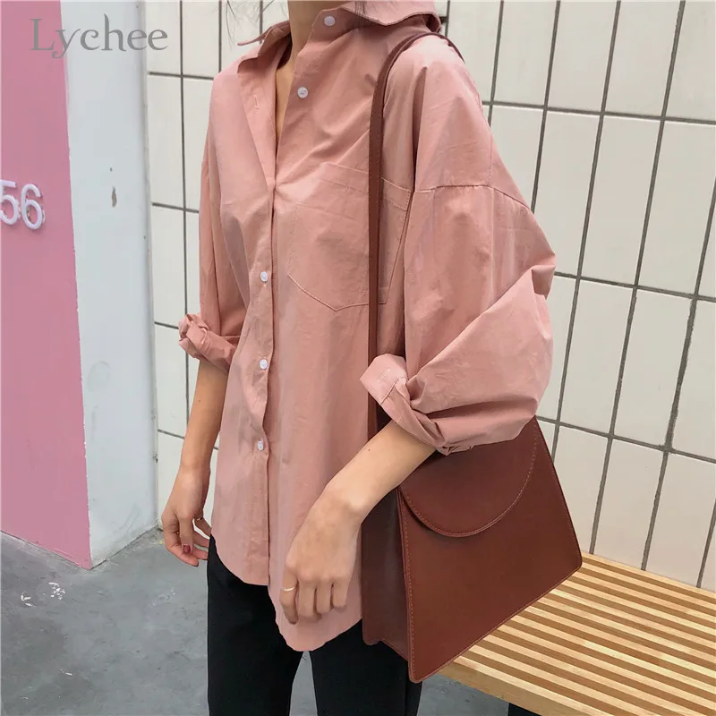 Lychee Harajuku, одноцветная женская рубашка, топ, повседневная, свободная, на пуговицах, с карманом, женские блузки, пуловеры, весна-осень, женские Рубашки, Топы