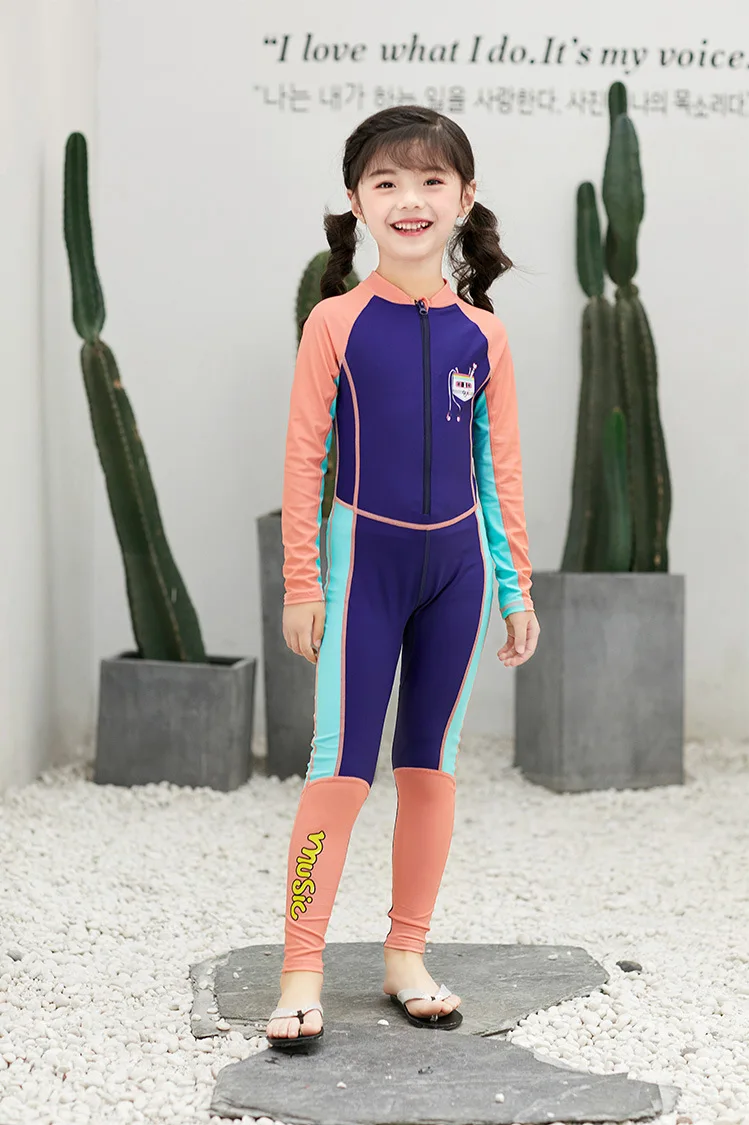 Children Wetsuit Girl Patchwork Long Sleeve Sunshade UV Protection One Piece Swimsuit Diving Suit Bathing Suit Kids Swimwear