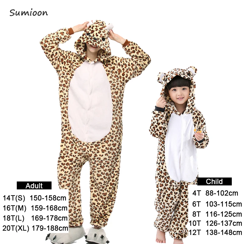 Зимние пижамы кигуруми с единорогом для женщин, пижамы для маленьких девочек, пижамы для мальчиков, пижамы с животными, пандой, единорогом, комбинезон для детей - Цвет: Leopard