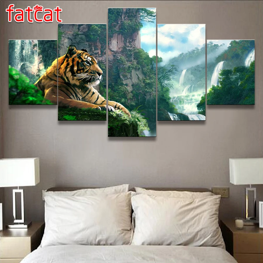 5 Panel Tiger And Mountain Waterfall