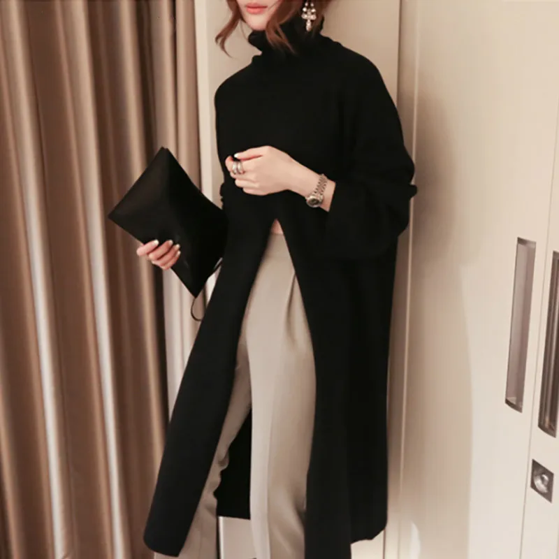 

BlackTurtleneck Sweater Women Winter Chic Solid Loose Long Dress Sweater Casual Korean Style Fashion Knit Sweater Dresses