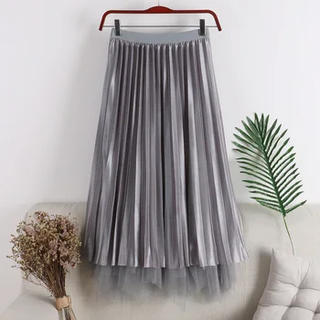 

E33 spring new tall waist both sides show thin white gauze irregular wear skirts A word long pleated skirt in children