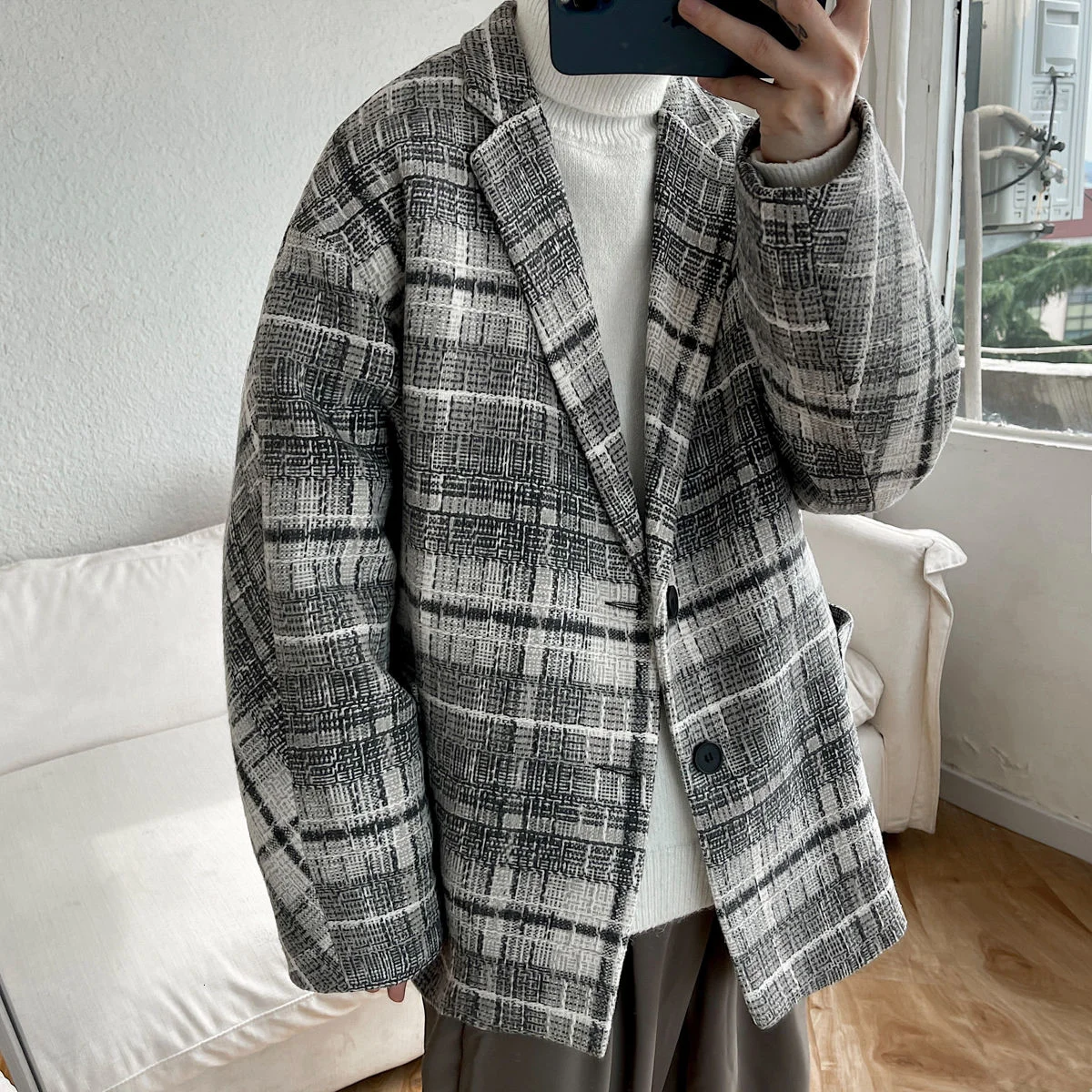 

2021 Winter Men's Lattice Print Windbreaker Thickened Woolen Blends Cotton-padded Clothes Oversized Parkas Snow Jackets Coats