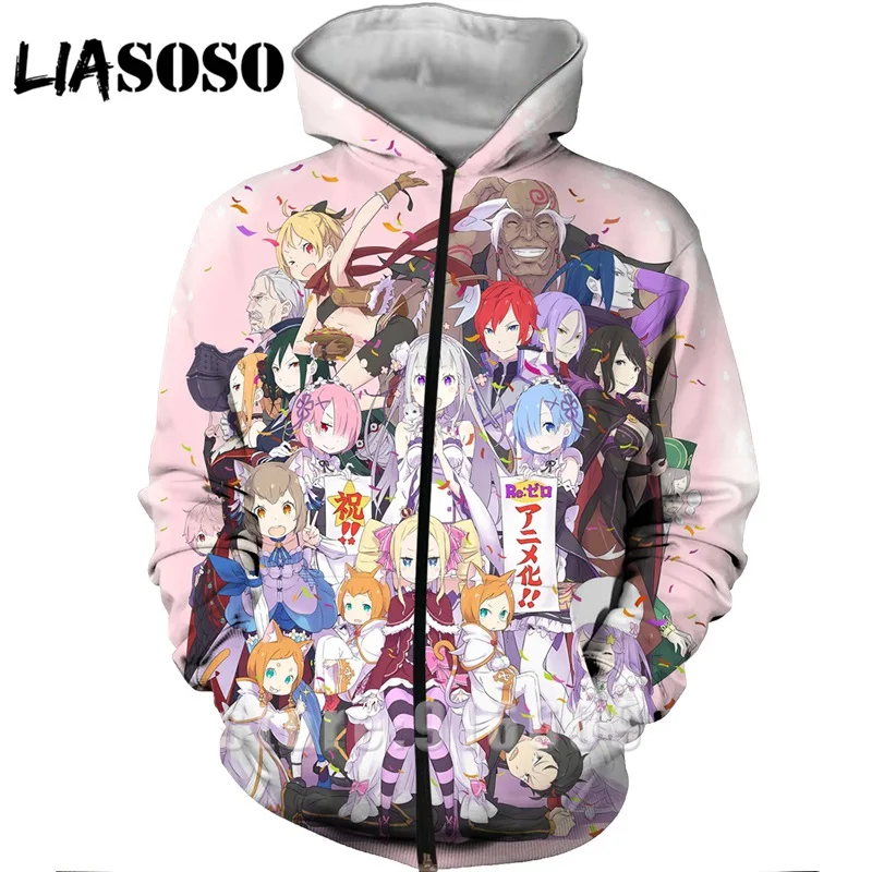 Re Zero Rem, 3D принт, толстовка с капюшоном, для женщин и мужчин, Ram, аниме, толстовки, повседневный дизайн, куртка, Harajuku стиль, пуловер на молнии, худи - Цвет: 6