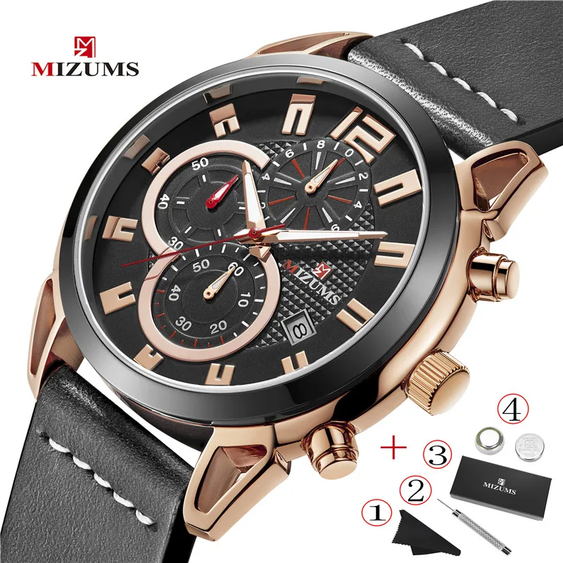 

Relogio Masculino MIZUMS Mens Leather Watches Fashion Rose Gold Black Waterproof Quartz Men Watch Military Sports Business Clock