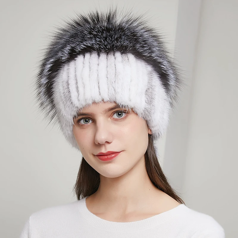 

Mink fur hat winter new mink fur knitting and silver fox fluffy big hair ball Russia hot peas style