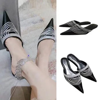 

kmeioo elegant jewel shoes woman pointed toe mule sandals black shallow flat shoes women slip-on mule slides mules